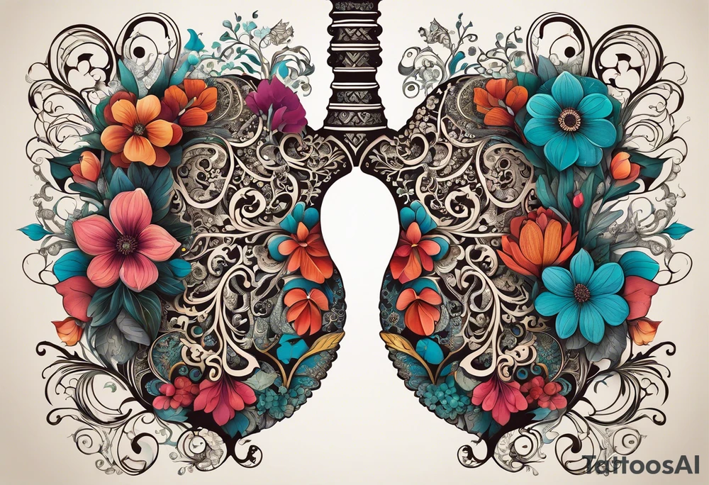 intricate and artistic arrangement of flowers and ornamental patterns that come together to form the shape of human lungs. The design should have a balance of delicacy and detail, with vibrant floral elements seamlessly intertwining to mimic the structure of the lungs, including the bronchi branching into floral motifs. Incorporate subtle shading and depth to give the tattoo a dynamic and organic feel, while maintaining elegance and symmetry, embraced by an octopus and butterflies flying around tattoo idea
