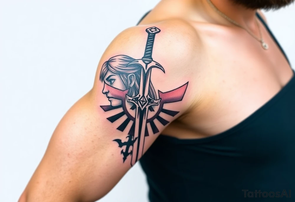 1. Theme: The Legend of Zelda: specifically Link and Zelda
2. Placement: Left Upper Arm
3. Style: Breath of the Wild (in color)
4. Elements to include: Master Sword in center, Link‘s face on one side, looking away from the sword, Zelda on the other side of the sword, looking in the other direction
5. size: full upper arm covered tattoo idea