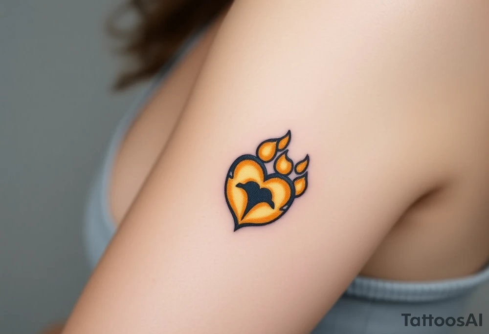 A lion paw with golden highlights and the heart surrounding the paw tattoo idea