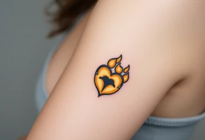 A lion paw with golden highlights and the heart surrounding the paw tattoo idea