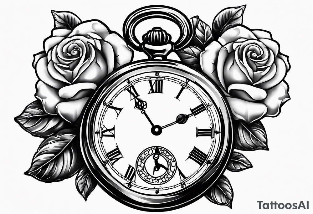 Pocket watch with chain and roses tattoo idea
