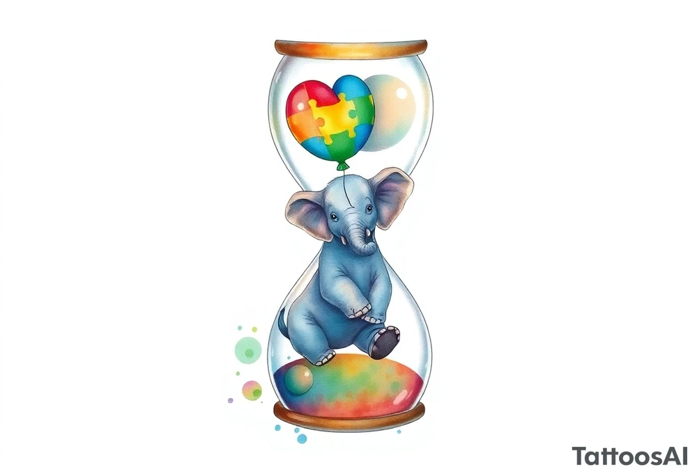An hour glass with a Baby elephant inside and an autism balloon coming from outside and  the top of the hour glass. All around the hour glass would be a rainbow of water colors tattoo idea
