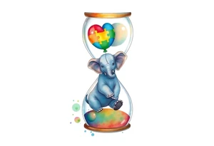 An hour glass with a Baby elephant inside and an autism balloon coming from outside and  the top of the hour glass. All around the hour glass would be a rainbow of water colors tattoo idea