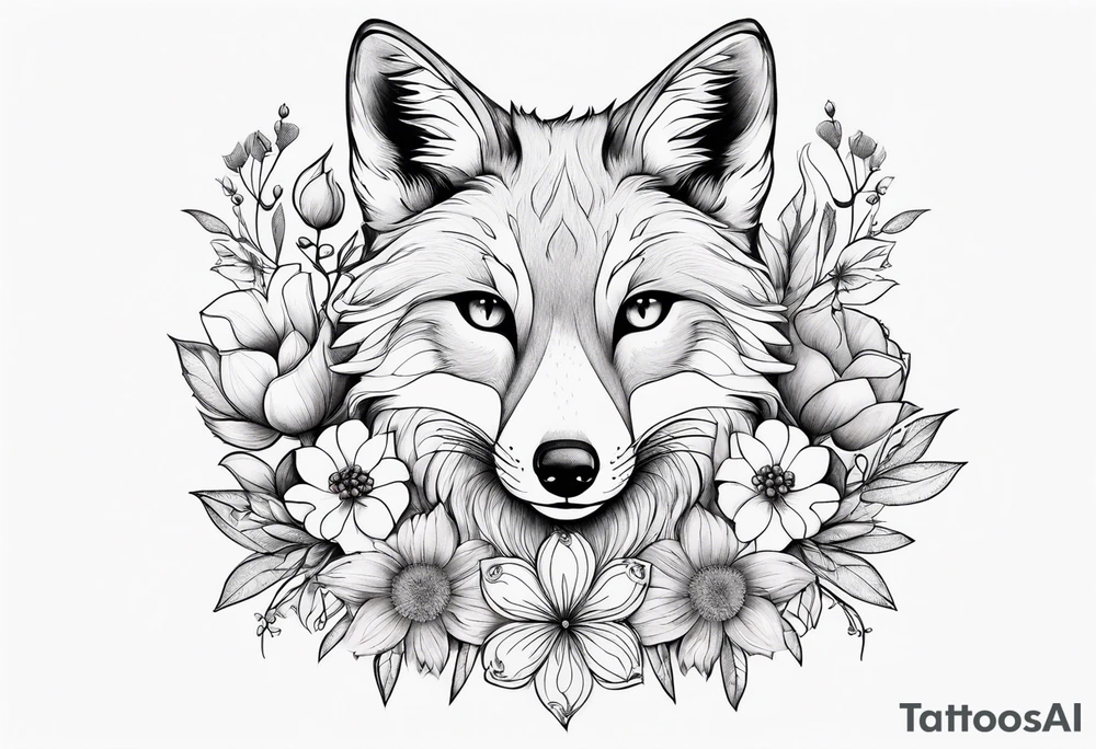 feminin minimalist flowers with fox full body tattoo idea