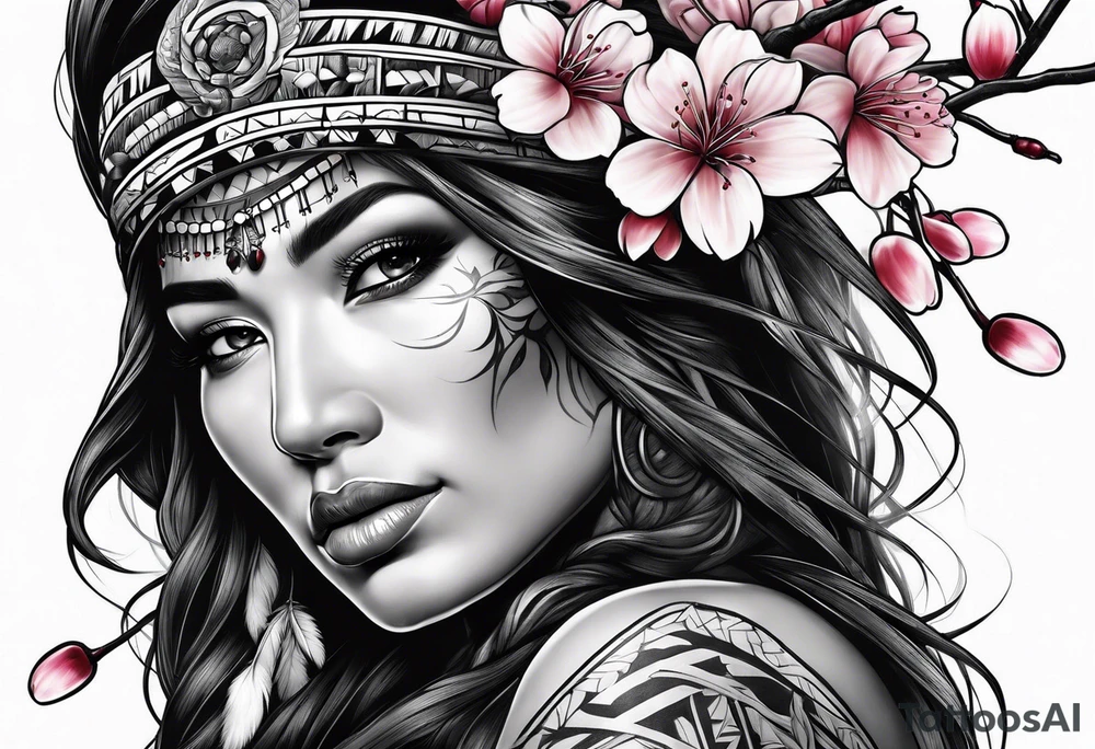 Native American woman wrapped by cherry blossom tree tattoo idea