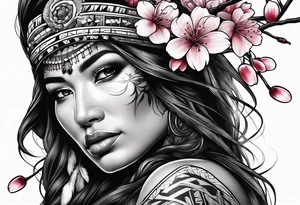Native American woman wrapped by cherry blossom tree tattoo idea
