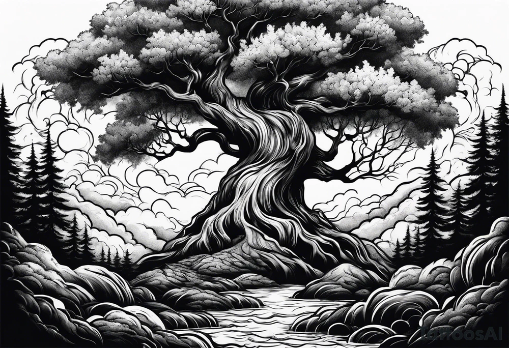 enormous old tree engulfed in flames of fire tattoo idea