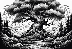 enormous old tree engulfed in flames of fire tattoo idea