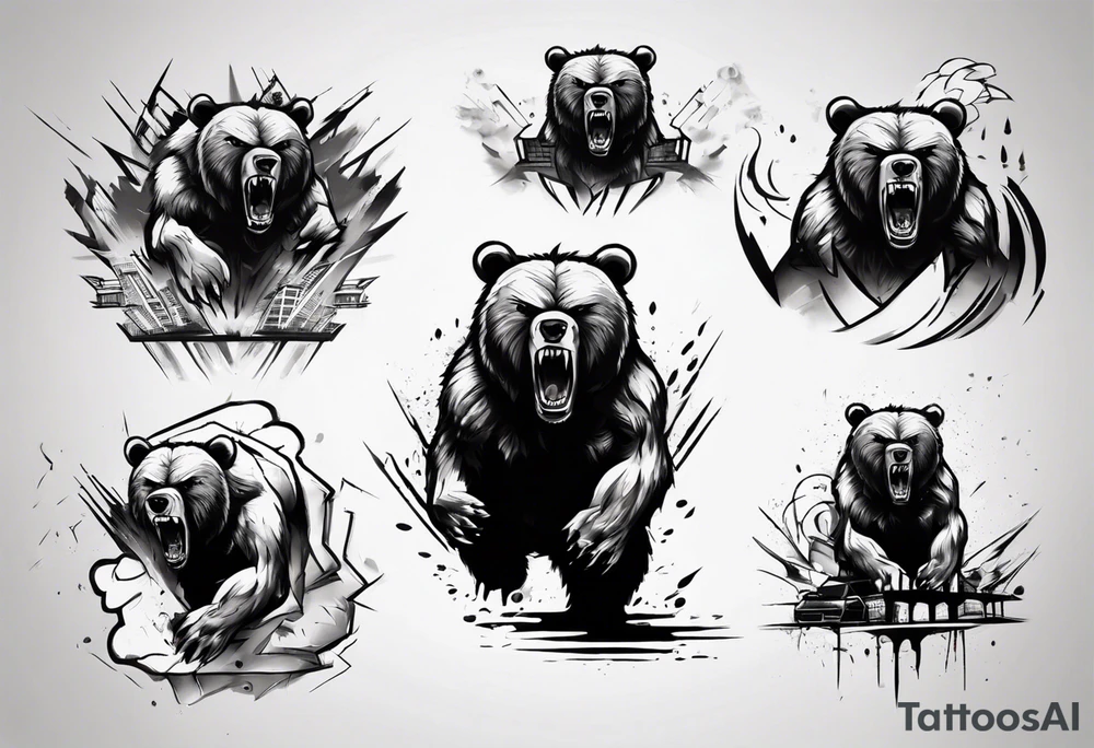 Angry bear coming up behind a city tattoo idea