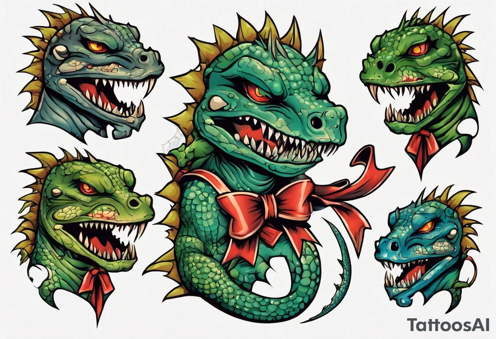 lizardman with bow tattoo idea