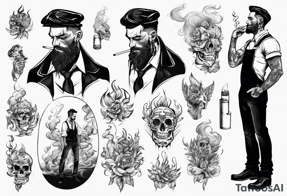 One handsome man, full-length, no hat, earrings in his ears stands smoking a cigarette tattoo idea