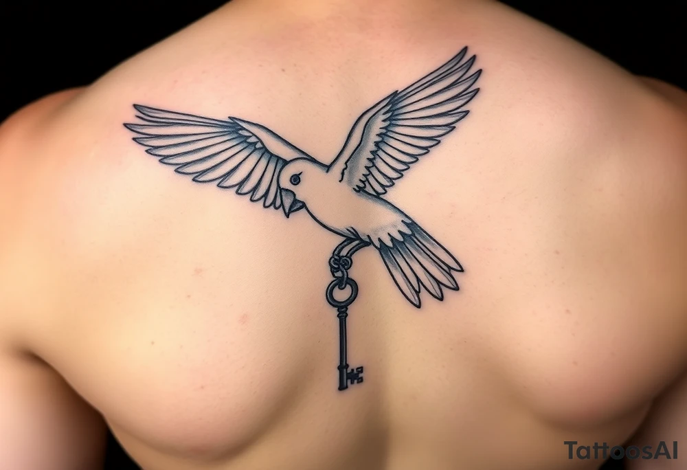 He still holds the key dangle key from red bird in memory of tattoo idea