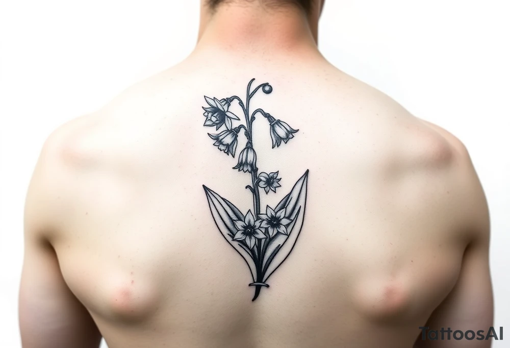 Coquis, stamp with daffodils, Lily of the valley, larkspur tattoo idea