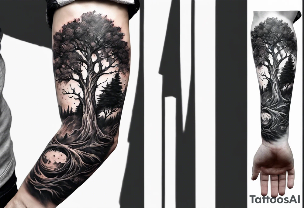 A forearm tattoo portraying a tree progressing from death to life tattoo idea