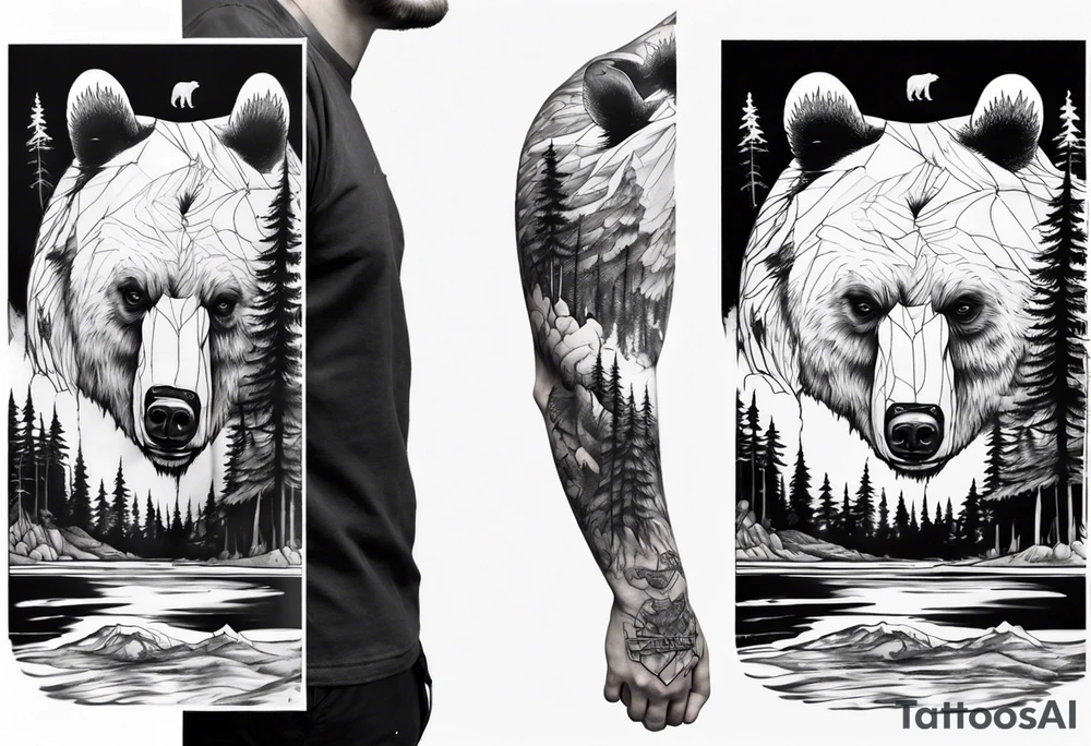 bear head right above the forest line with a lake below, full arm sleeve tattoo tattoo idea