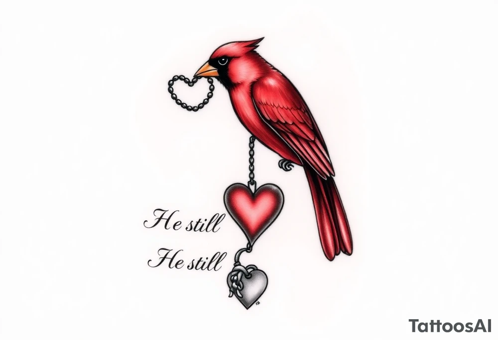 A realistic tattoo design of a red cardinal holding a heart-shaped key in its beak. The key matches a classic romantic key design with a beaded chain attached. The chain dangles gracefully downward to connect with a heart lock near the bottom of the design. Include elegant cursive text reading “He still holds the key” beneath the heart. Use clean black and gray ink lines with rich red tones for the cardinal. Style the artwork for tattoo realism, soft shading, and delicate linework, with balanced vertical composition suitable for an inner forearm tattoo. tattoo idea