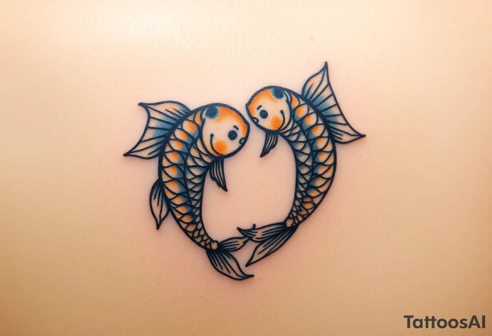 A pair of intertwined carp with flowing fins, resembling the yin-yang symbol, in soft gold and blue hues tattoo idea