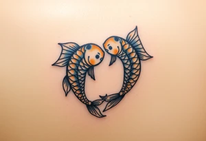 A pair of intertwined carp with flowing fins, resembling the yin-yang symbol, in soft gold and blue hues tattoo idea