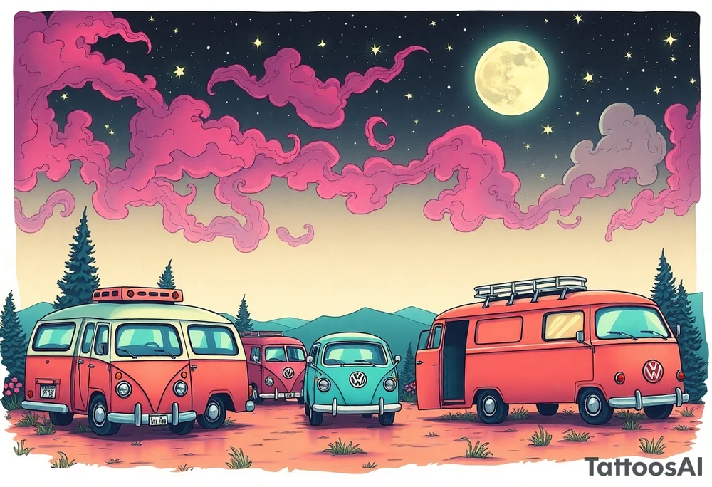 Tim Burton’s hippie commune outside view has lots of cute pastel volkswagon vans and cars  and dripping with muted reds, dusty pinks, and eerie green glow purple and cyan smokey clouds swirl and dance in the moonlit night sky filled with twinkling stars  tattoo idea tattoo idea