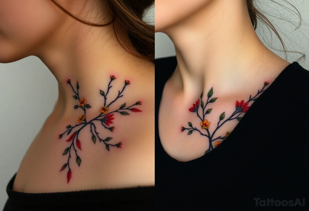 Two separate collarbone tattoos of long, stems and branches covered with red, orange, yellow and dark forest green leaves and flowers, academia, witchy, muted, delicate and gentle but moody, long and thin, following the collarbone. More muted, not so bright, darker colors. Fewer amount of leaves, larger leaves. Less flowers and leaves. tattoo idea