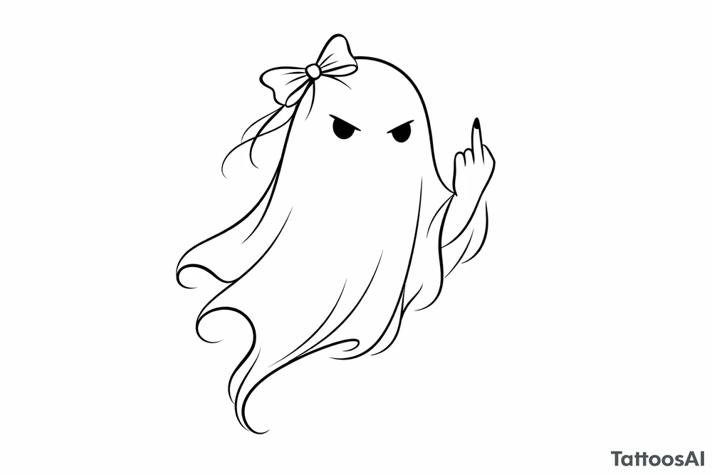 Abstract ghost outline, delicate bow, defiant middle finger. tattoo idea