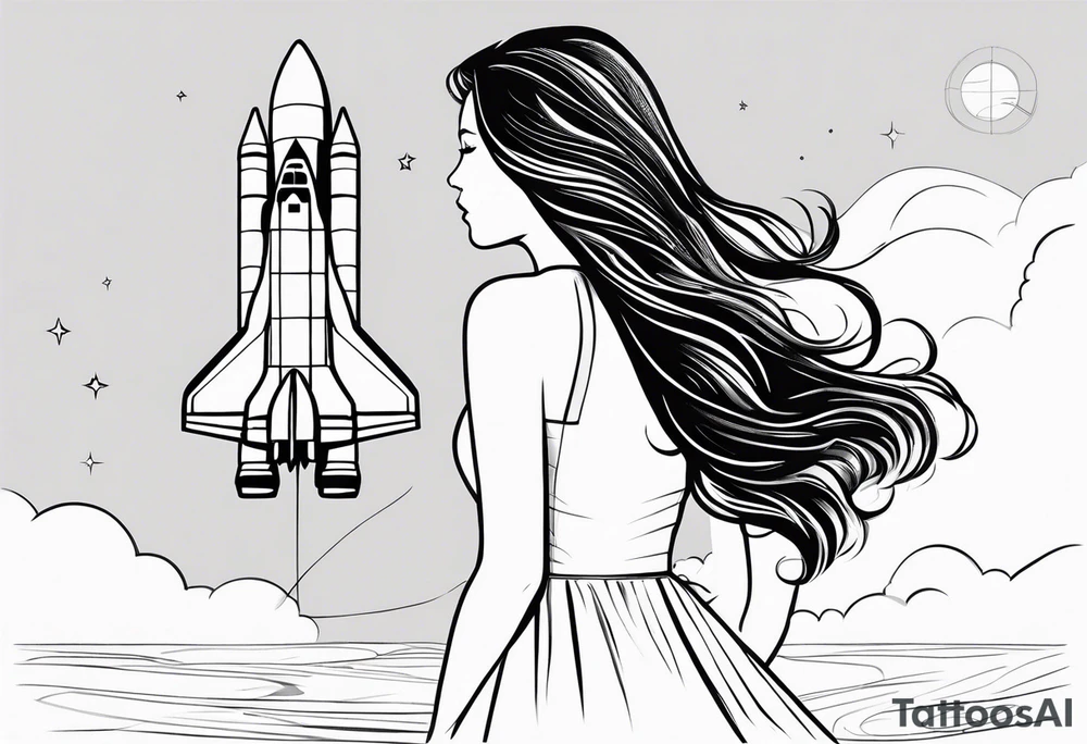 young girl in dress with long hair blowing in the wind watching a space shuttle launch in the distance, all nested within 4 octagons tattoo idea