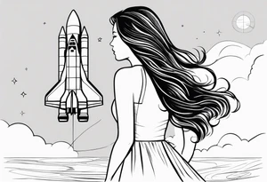 young girl in dress with long hair blowing in the wind watching a space shuttle launch in the distance, all nested within 4 octagons tattoo idea