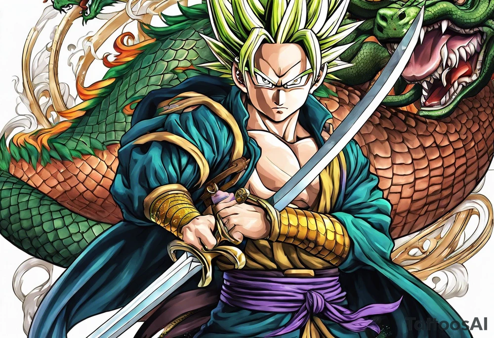 Future trunks sword with shenron spiraling around it tattoo idea