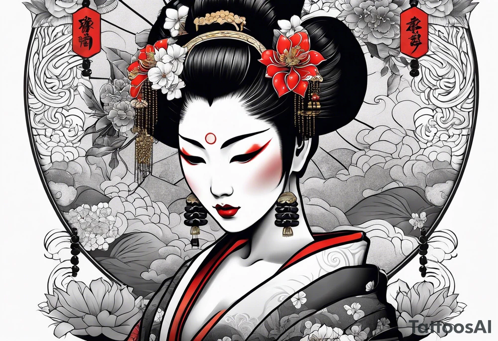geisha with mask  oni  mask tattoo idea