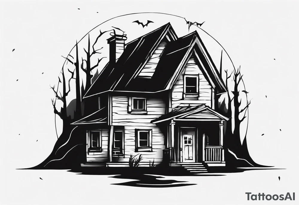 Create a tattoo design featuring a small house with a sinister, pointy roof, enveloped in a dark atmosphere. Include a black demonic figure lifting the roof, peering out into the surroundings with an ominous presence. tattoo idea