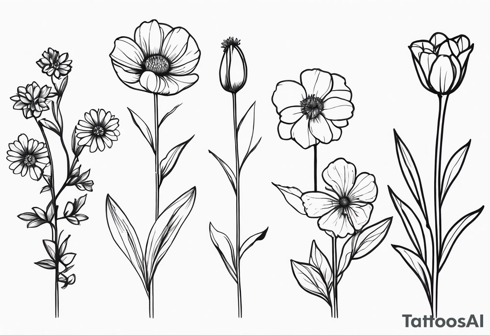 fine line birth month flowers of march may june july all together on one stem tattoo idea