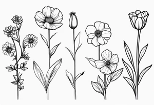 fine line birth month flowers of march may june july all together on one stem tattoo idea