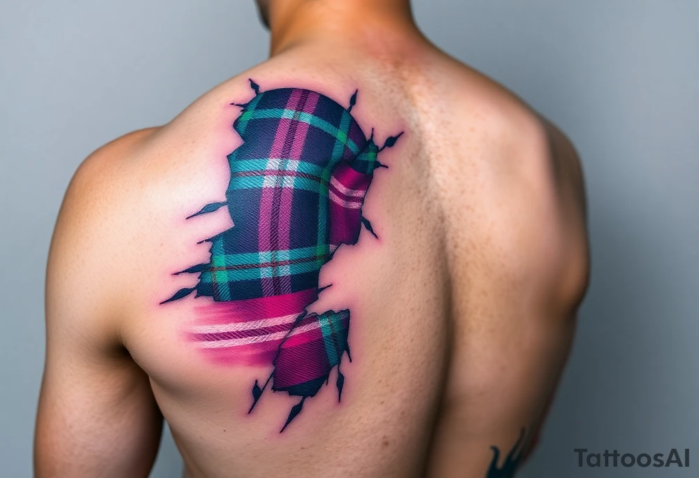 Dark Purple with green pink blue and white highlights tartan fabric on arm with skin ripping away to reveal tartan underneath tattoo idea