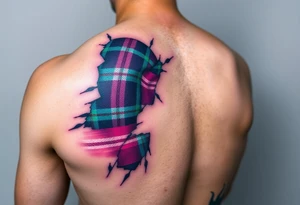 Dark Purple with green pink blue and white highlights tartan fabric on arm with skin ripping away to reveal tartan underneath tattoo idea