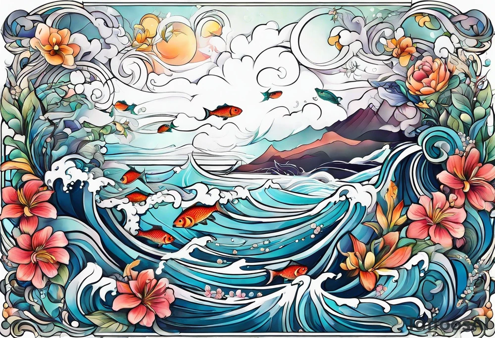 sea,, night, flower, fish tattoo idea