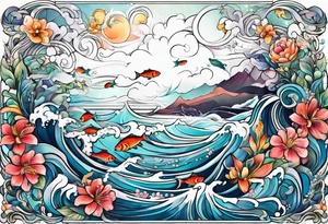 sea,, night, flower, fish tattoo idea