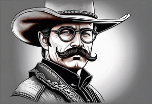 Old west Cowboy with handlebar mustache and wire rim glasses tattoo idea