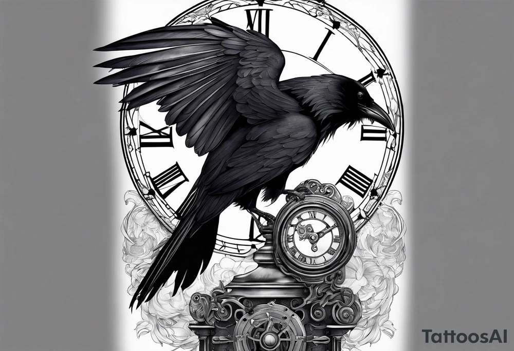 Raven sitting on a clockwork tattoo idea
