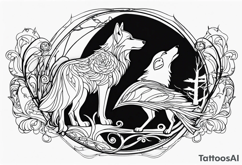 a wolf and a raven back to back facing opposite direction integrated into image tattoo idea