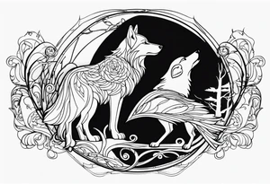 a wolf and a raven back to back facing opposite direction integrated into image tattoo idea
