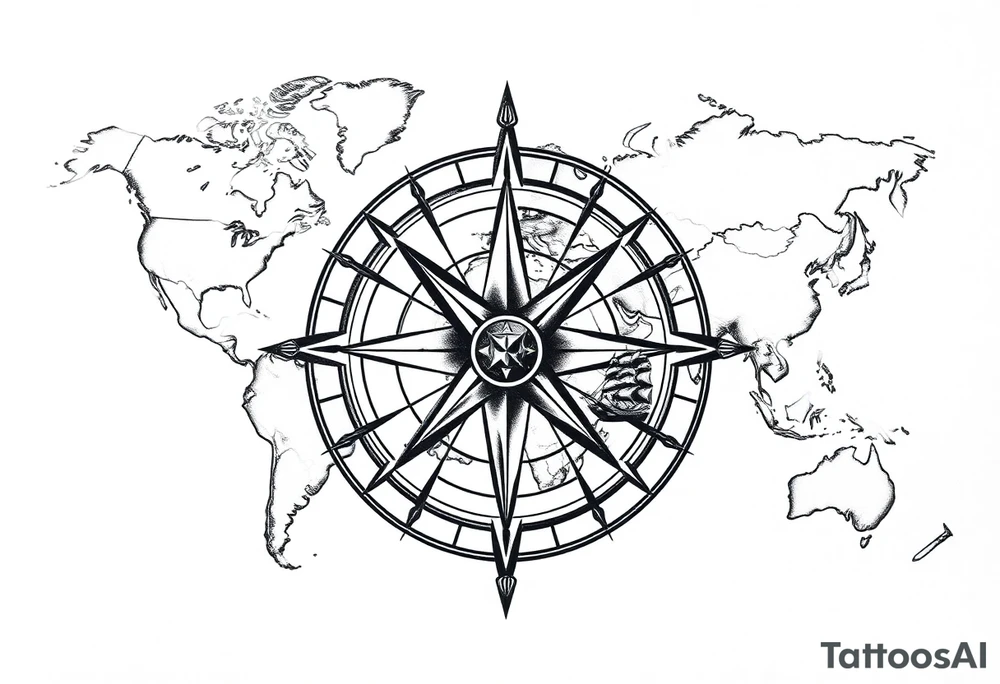 antique compass rose overlaid on weathered world map with sailing ships tattoo idea