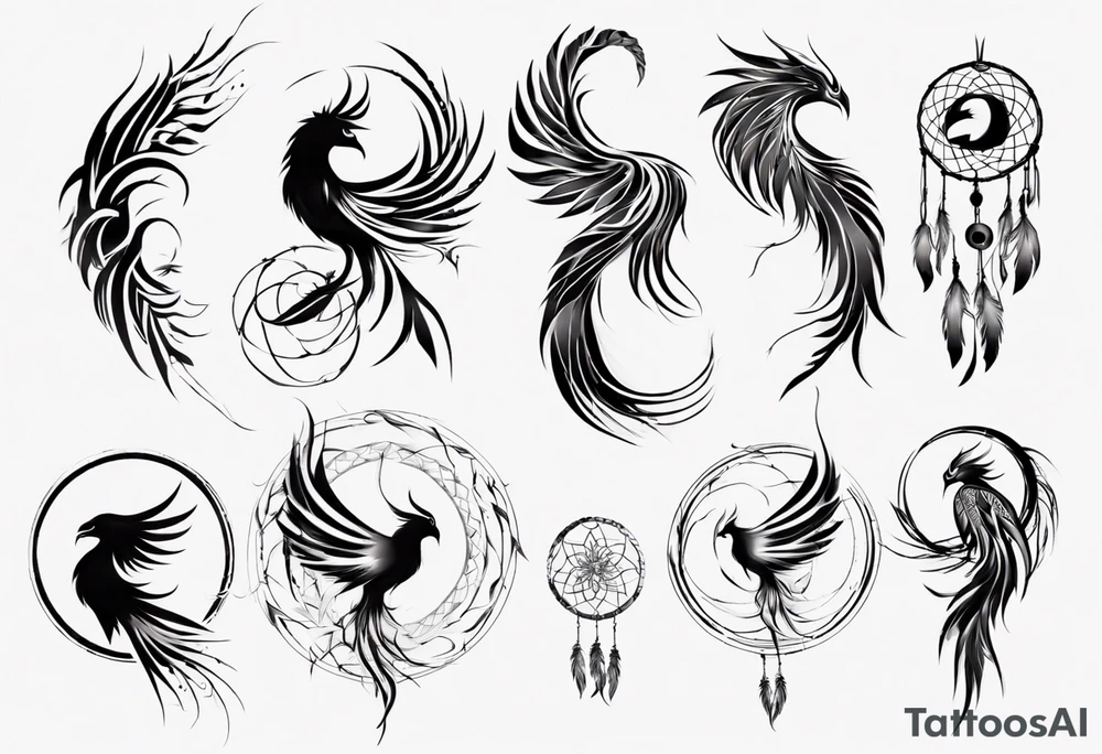 Vertical Phoenix in circles with abstract dream catcher tail tattoo idea