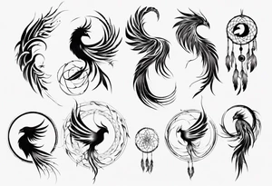 Vertical Phoenix in circles with abstract dream catcher tail tattoo idea