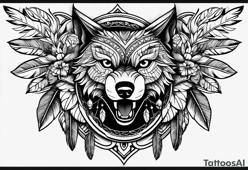 full sleeve with owl, wolf, beaver, and dream catcher tattoo idea