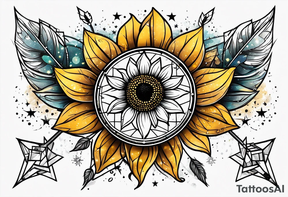 elegant tattoo with a small sunflower surrounded by cosmic stars and arrow tattoo idea