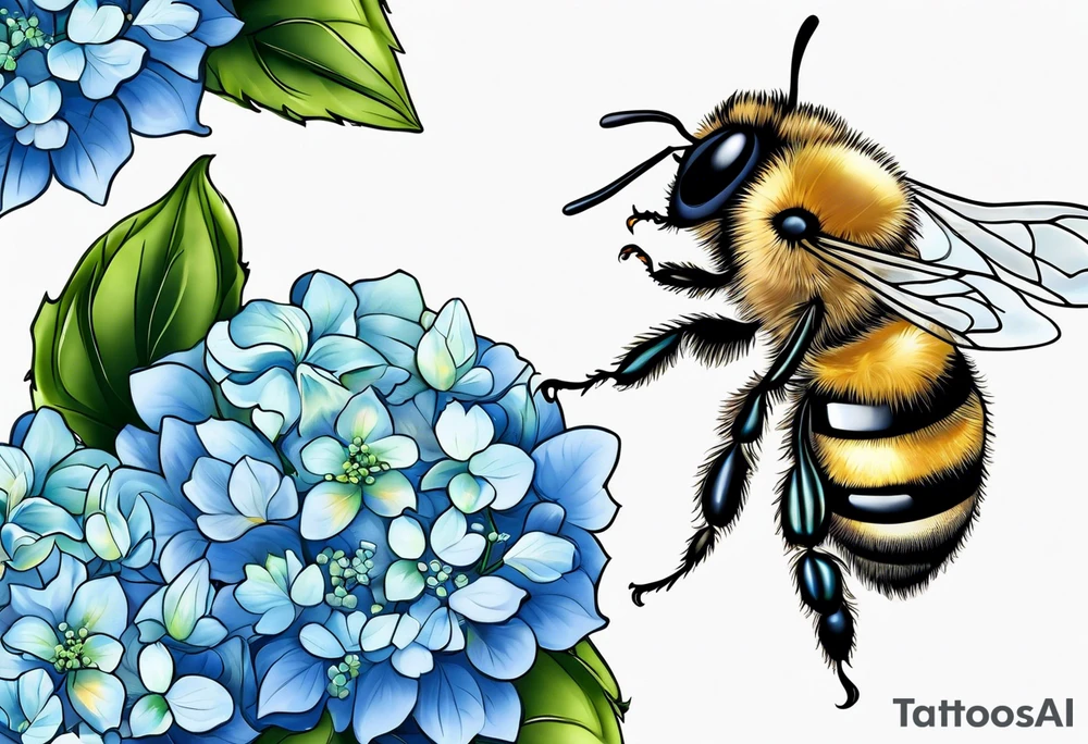 Small tattoo. There’s a hydrangea and a bee but they are not touching. Make the bee smaller than the hydrangea and have the bee off to the side. tattoo idea