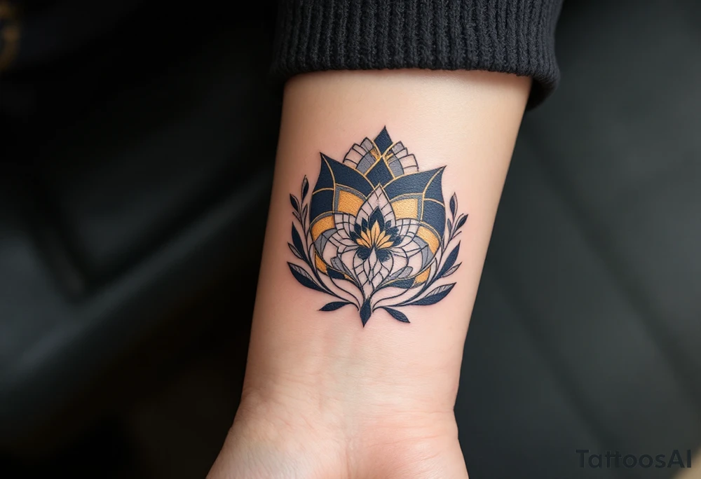Art Deco Stafford – A stylized design with elegant symmetry and gold and deep navy tones, inspired by Art Deco architecture. tattoo idea
