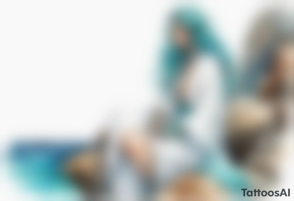 An undine with turquois scales wearing a white robe, sitting on rocks by the ocean tattoo idea