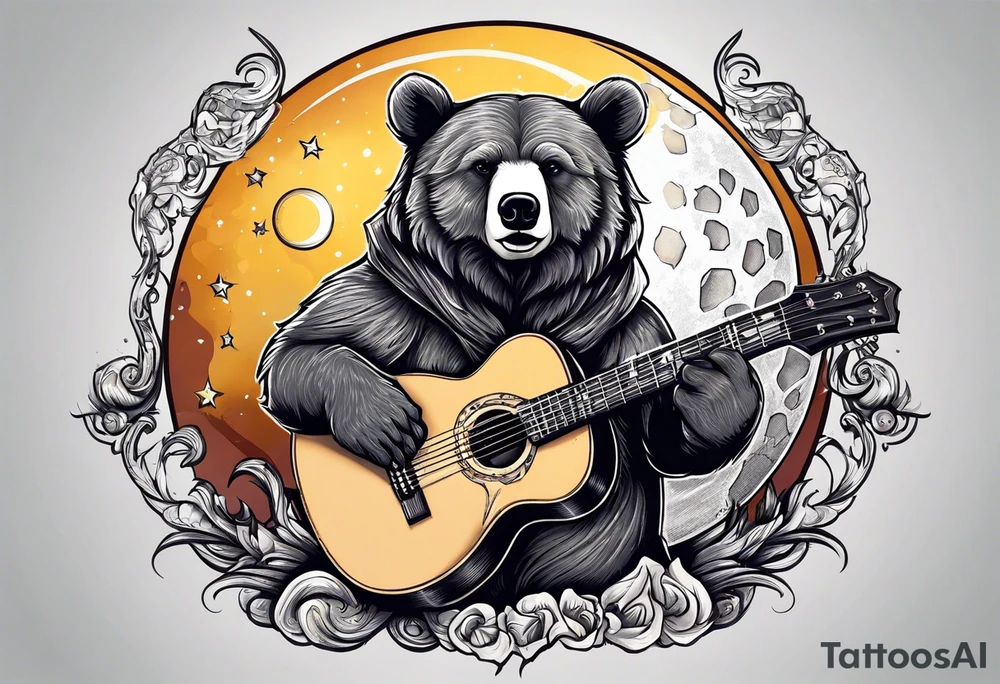 bear on the moon playing guitar tattoo idea