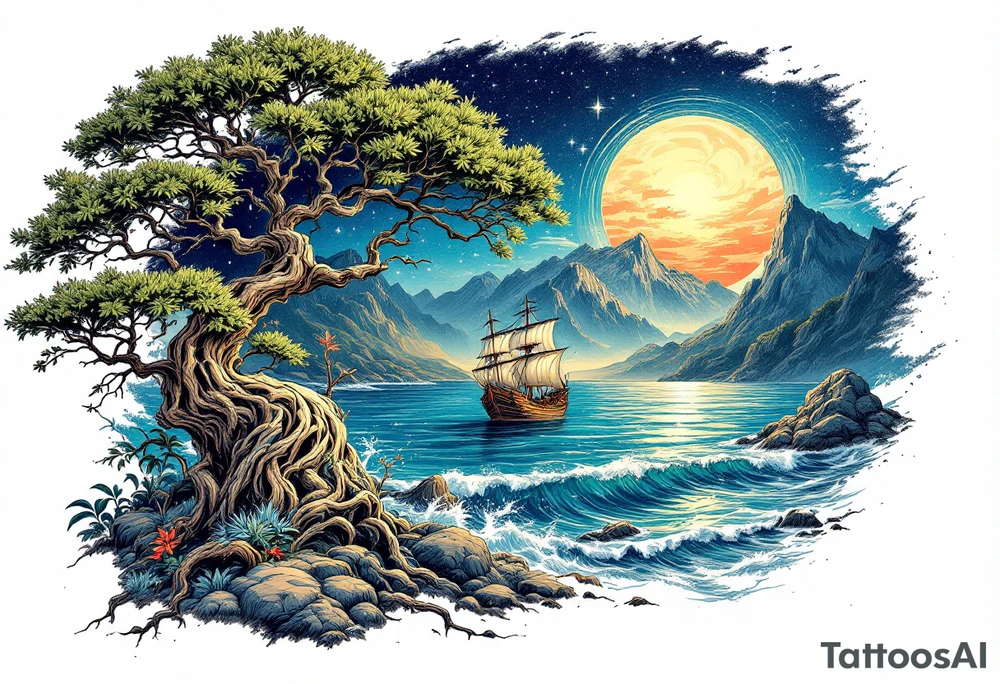 tattoo that has an acacia tree with mountains, ocean with a ship wreck and the northern star tattoo idea